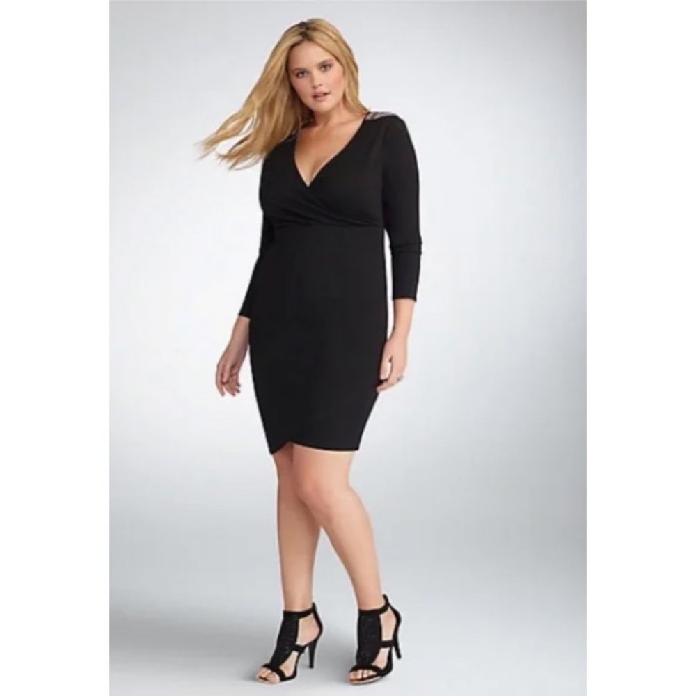 Torrid Plus Size 1 Rebel Wilson Faux Wrap Sheath Dress Black Beaded Shoulders